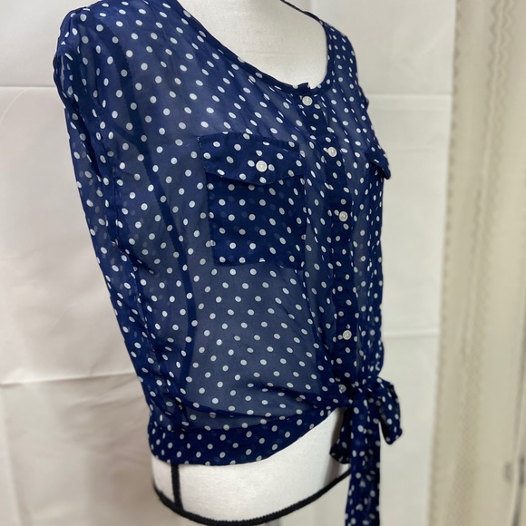 Glam Dollz Semi Sheer Polka Dot Top Navy White - Picture 6 of 9